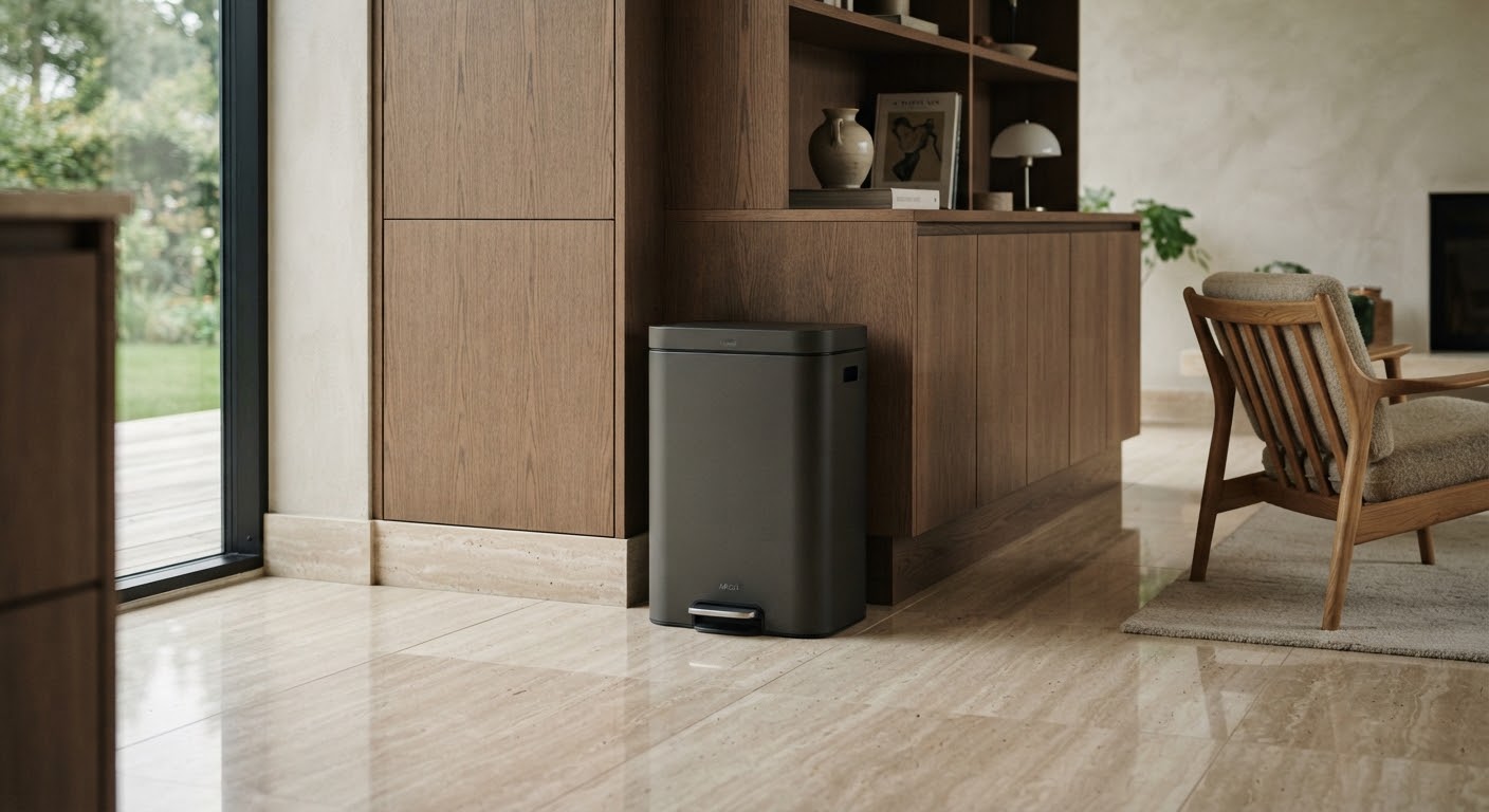 Charcoal vessel beside walnut millwork in a modern interior